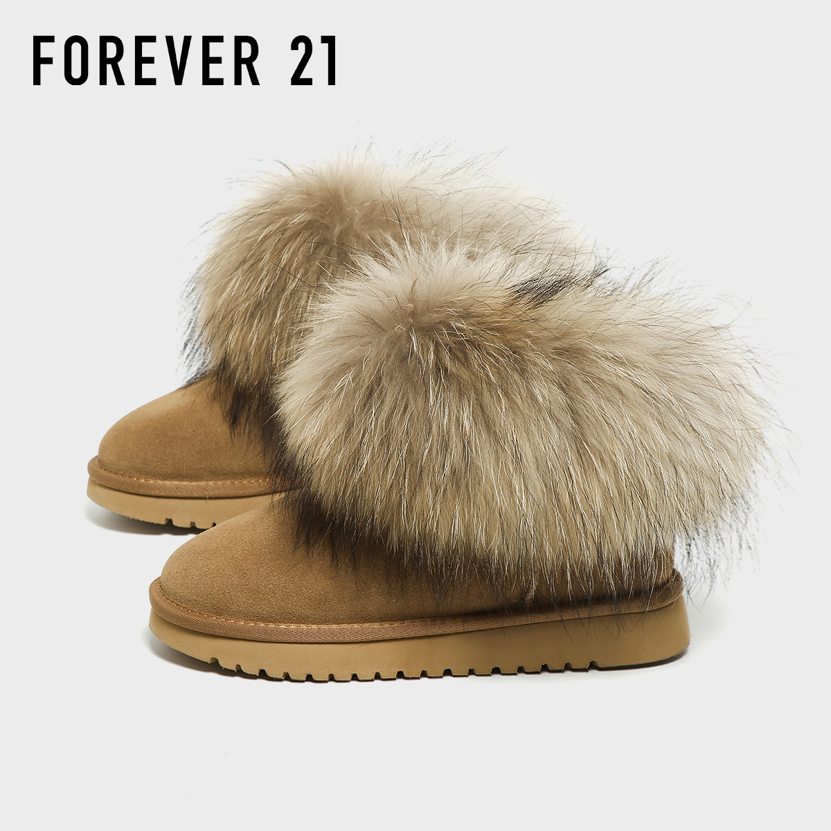 F21狐狸毛牛皮雪地靴女款2025新款冬季加绒加厚皮毛一体东北棉鞋主图