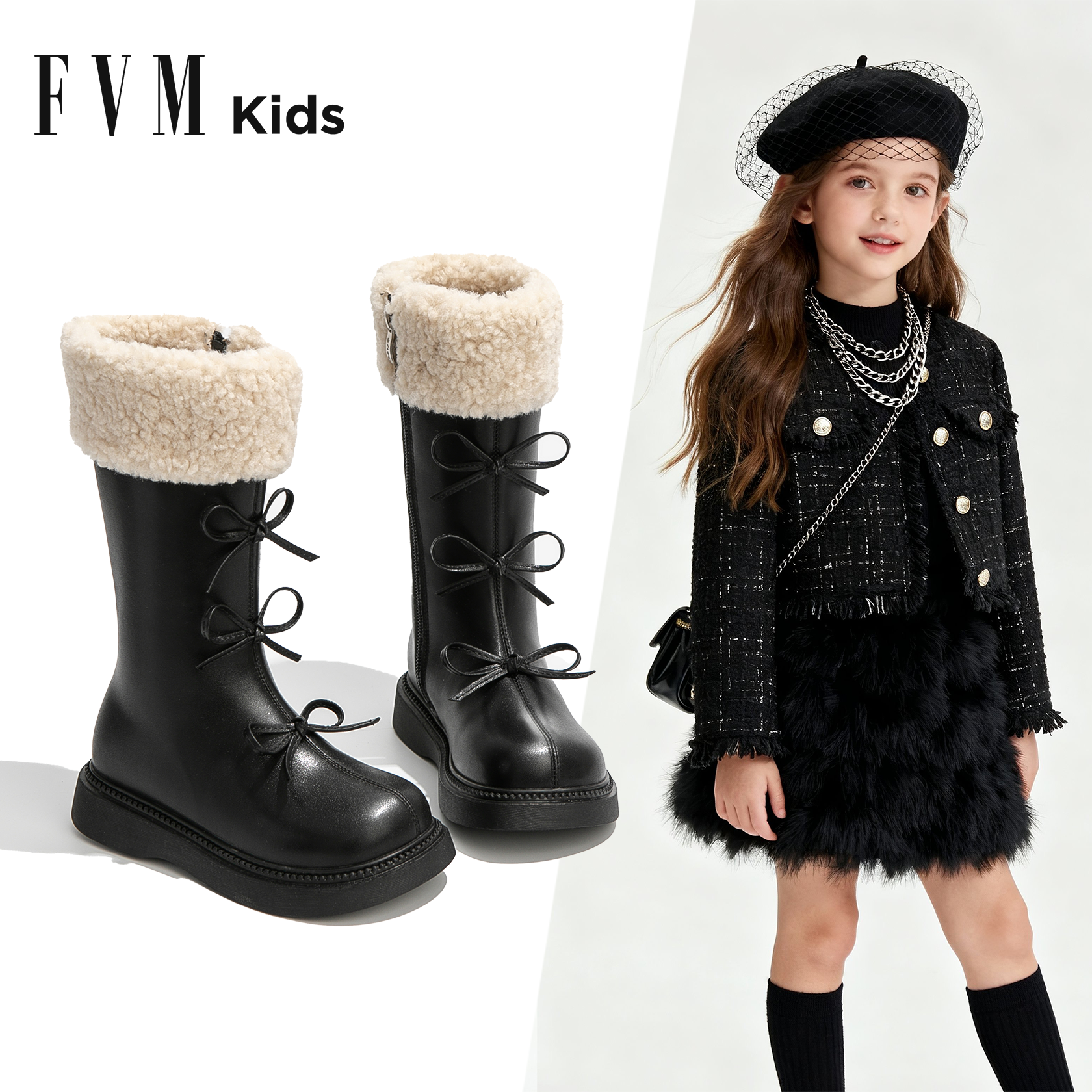 女童长筒靴儿童洋气小公主靴子2025新款秋冬加绒加厚黑色女孩皮靴主图