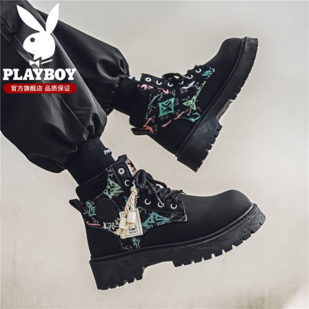 花花公子马丁靴男款冬季高帮英伦复古黑色短靴户外防滑休闲工装靴