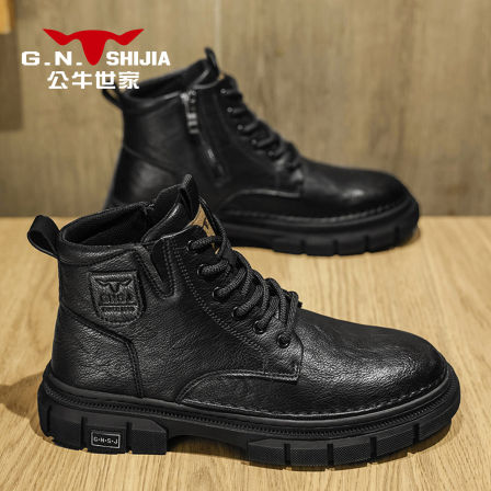 公牛世家马丁靴男款秋冬英伦高帮休闲皮鞋男士时尚潮流防滑工装靴