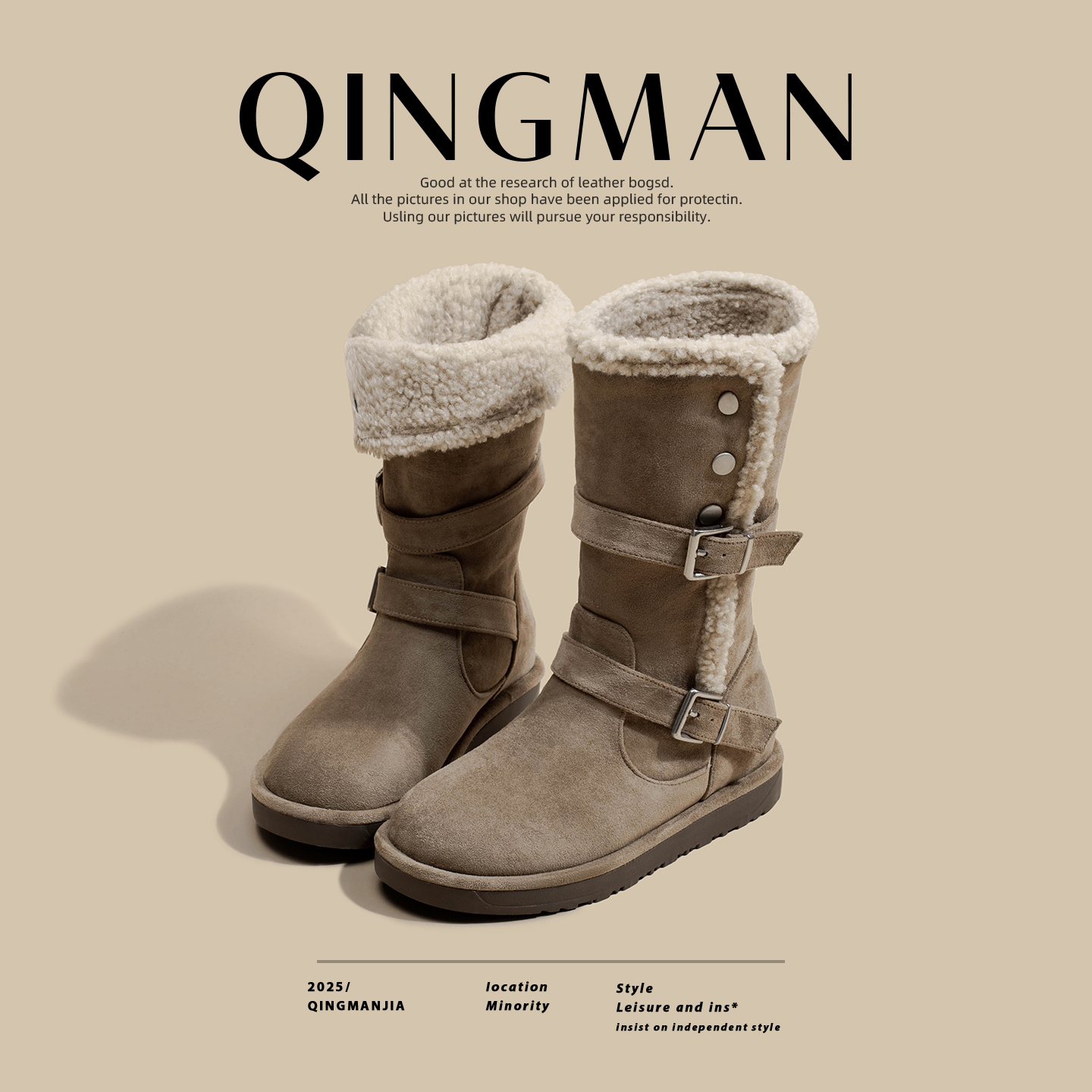 加绒雪地靴女款2025年新款冬季两穿厚底保暖皮带扣百搭羊羔绒棉鞋主图