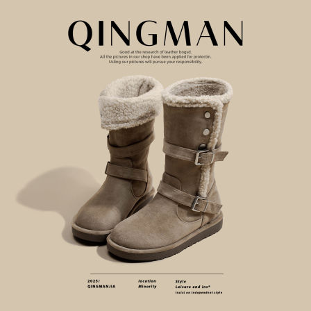 加绒雪地靴女款2025年新款冬季两穿厚底保暖皮带扣百搭羊羔绒棉鞋