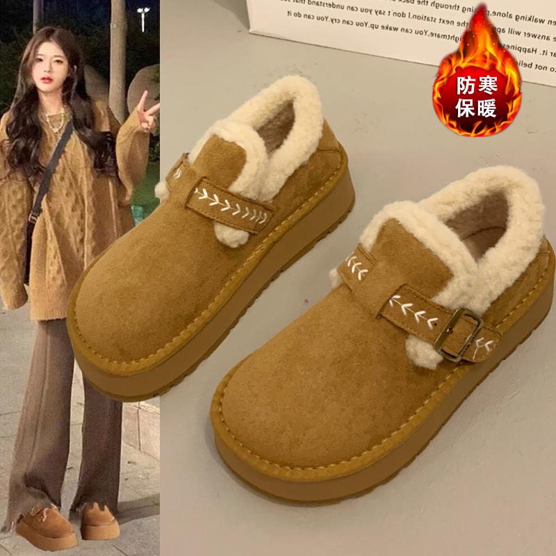 厚底加绒毛毛勃肯鞋女款2025新款冬季一脚蹬豆豆鞋保暖棉鞋雪地靴主图