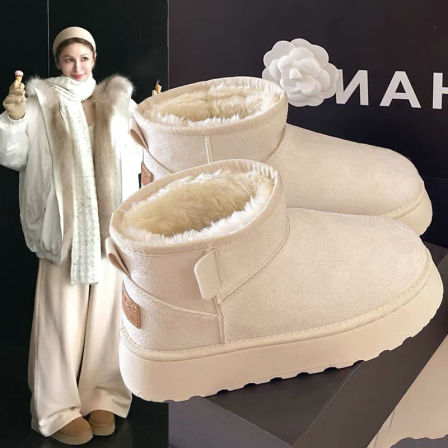 白色厚底雪地靴女冬2025新款加绒加厚保暖短靴防水防滑东北大棉鞋