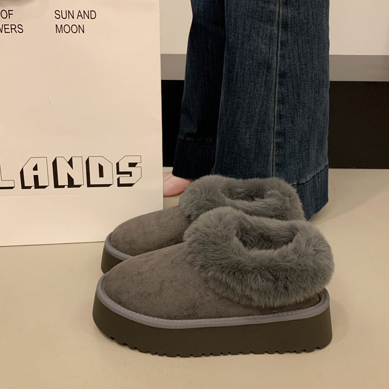 灰色厚底加绒加厚雪地靴女冬2025新款东北大棉鞋一脚蹬毛毛面包鞋主图