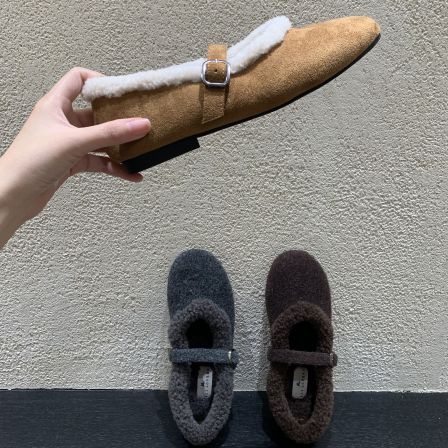 韩式简约百搭玛丽珍毛毛鞋女冬季加绒保暖棉鞋内增高圆头浅口单鞋