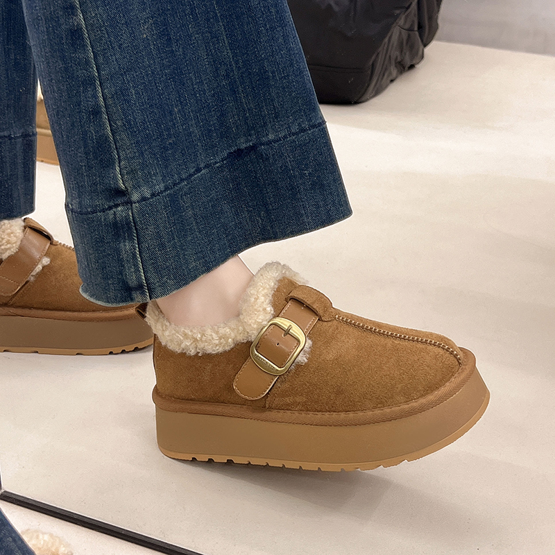 复古厚底加绒毛毛勃肯鞋女冬季2025新款一脚蹬面包棉鞋保暖雪地靴主图