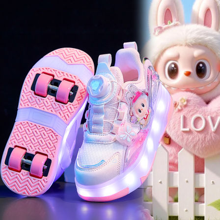 拉布布女童暴走鞋粉色儿童四轮可拆卸亮灯4轮隐形溜冰滑轮鞋女孩