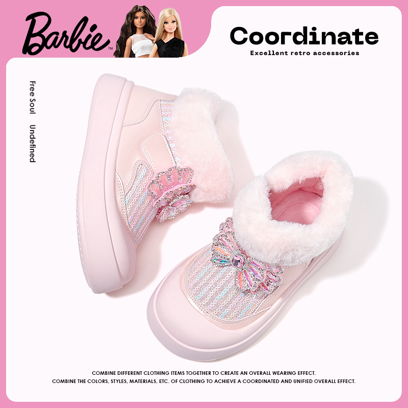 芭比童鞋女童雪地靴2025新款冬季加绒保暖小女孩公主靴子儿童棉鞋主图