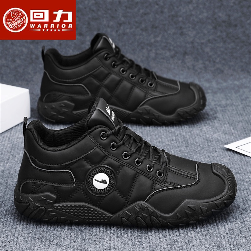 回力男鞋冬季新款皮面防水百搭运动工地工作防滑耐磨黑色豆豆鞋男主图