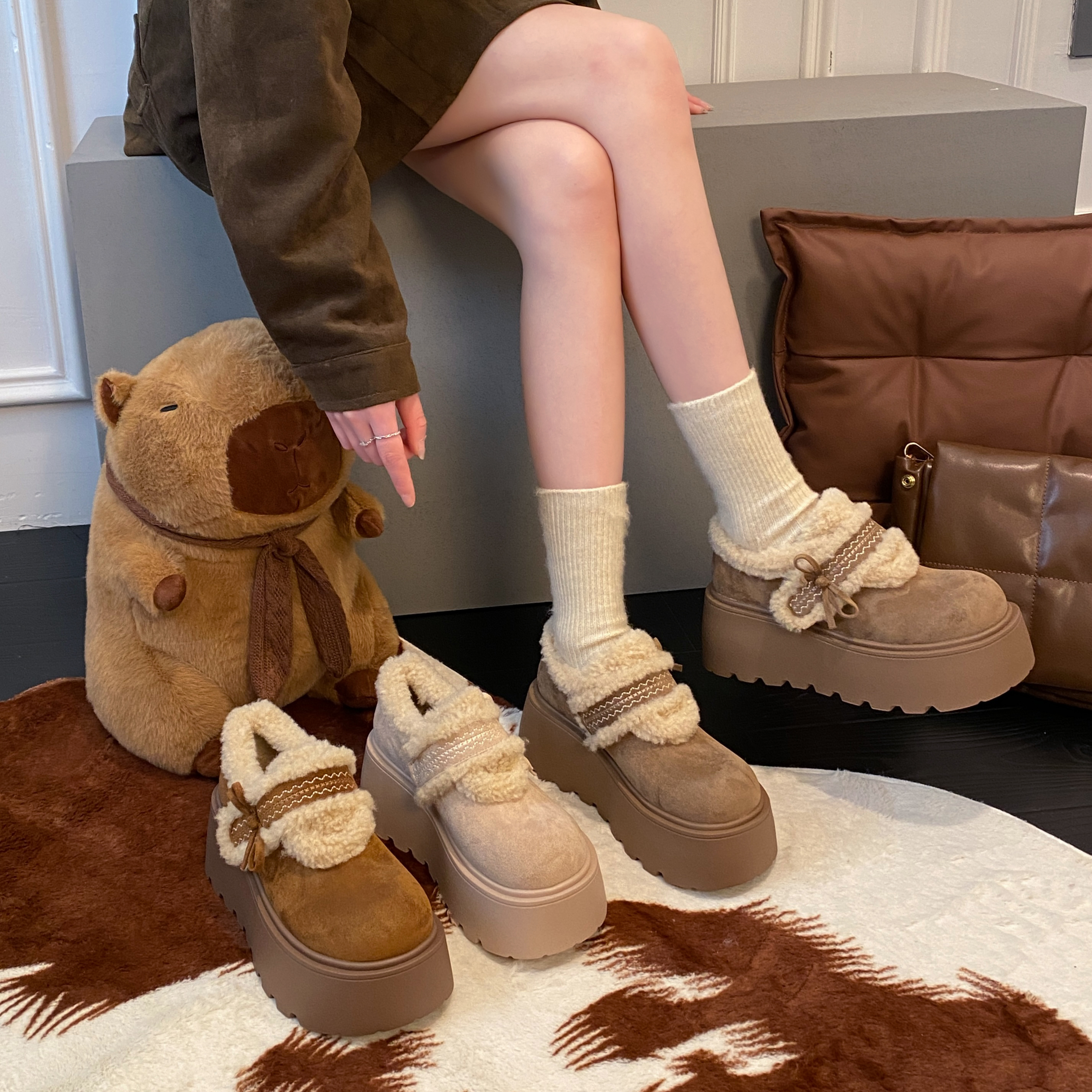 贾不假厚底勃肯鞋女款2025冬季新款毛绒博肯鞋加绒保暖雪地棉鞋子主图