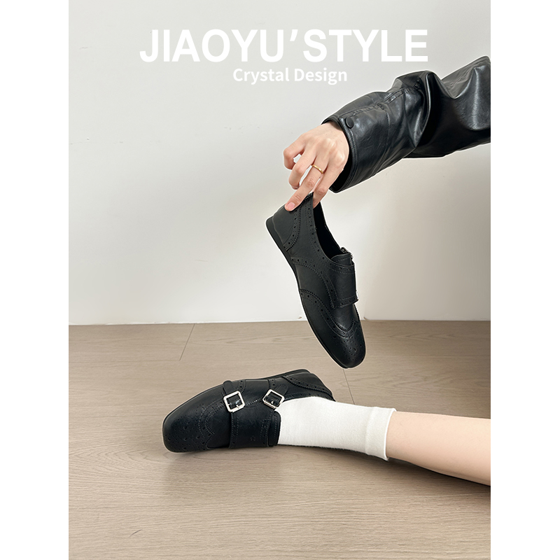 真皮~骄屿复古皮带扣雕花布洛克乐福鞋一脚蹬单鞋方头百搭小皮鞋主图