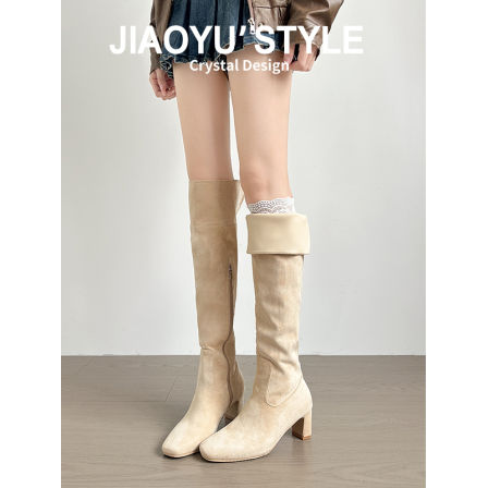 真皮~骄屿粗跟两穿过膝长筒靴女2025秋冬新款高跟骑行靴瘦瘦长靴