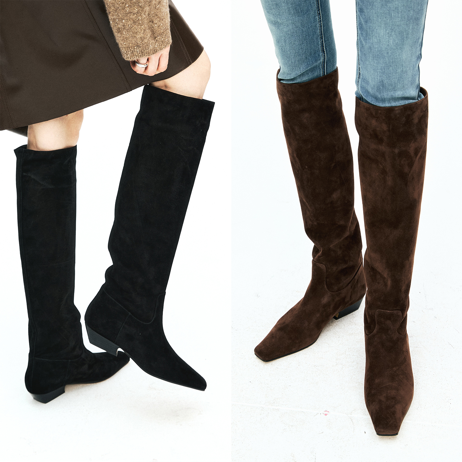 MRS Studios 时髦宽筒 鸭嘴鞋型 进口羊反绒高筒靴主图