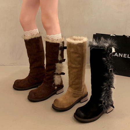 翻毛口雪地靴女长靴2025冬季新款俄式高筒皮带扣加厚绒保暖棉鞋子