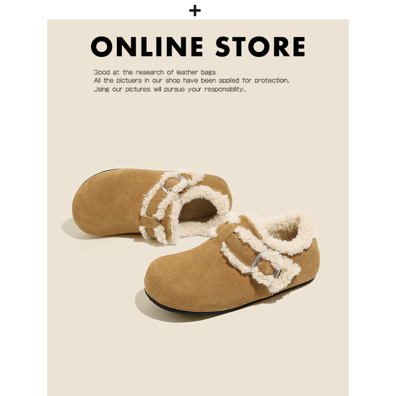 真皮~羊羔绒勃肯鞋女2025新款冬季加绒毛毛棉鞋复古厚底博肯单鞋主图