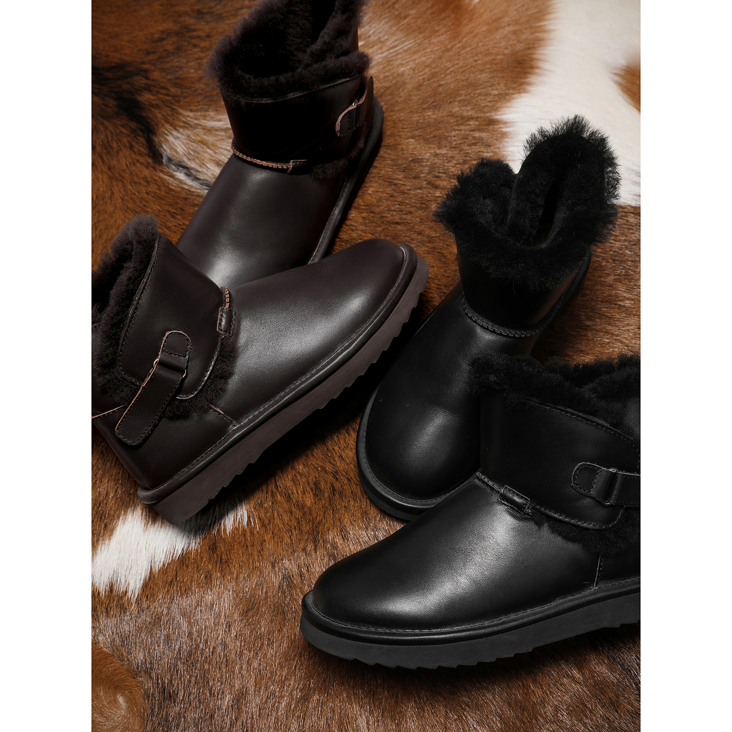 温暖不失腔调【质感牛皮+羊皮毛一体/易打理】一脚蹬短筒雪地靴主图