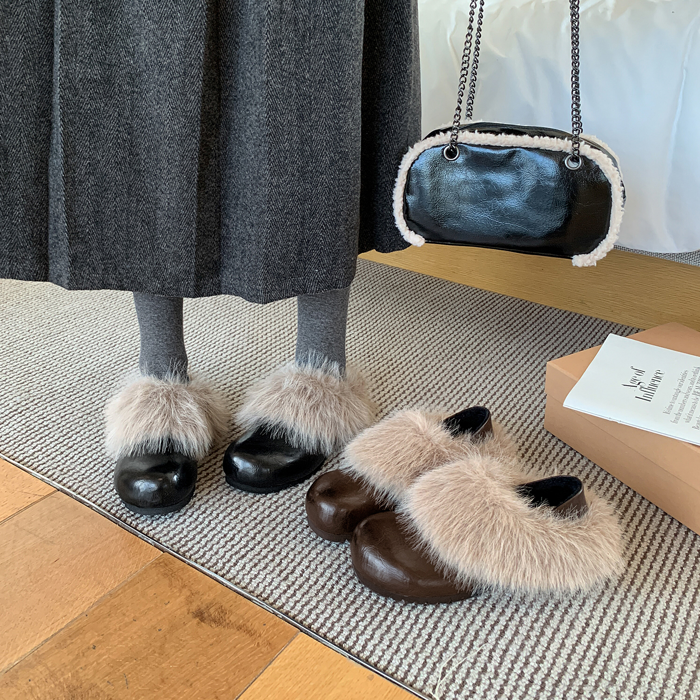 伯爵猫内增高皮面勃肯鞋女2025冬季新款加绒两穿百搭单鞋毛毛鞋子主图