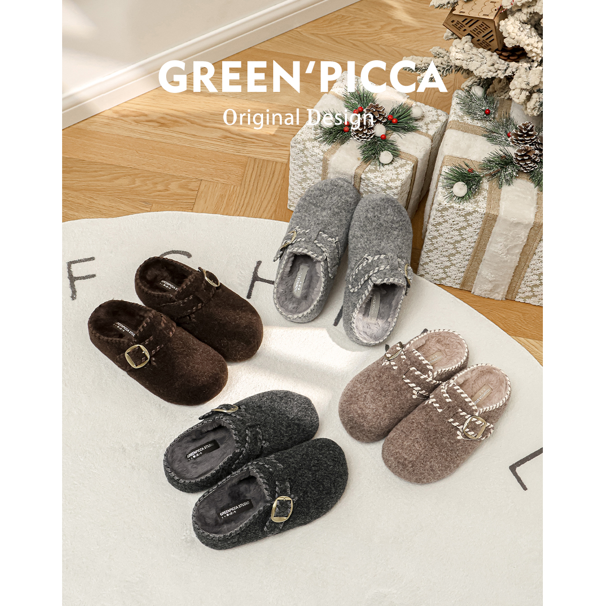 缝线版~内增高厚底加绒勃肯鞋女2025新款超火灰色包头半拖鞋外穿主图