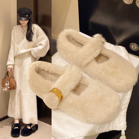 白色毛毛鞋女2025新款外穿冬季加绒加厚玛丽珍棉鞋保暖平底豆豆鞋