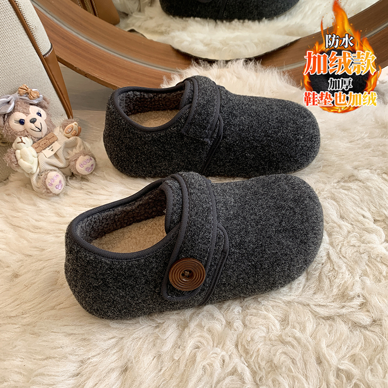 加绒灰色毛呢勃肯鞋女冬季2025新款厚底全包保暖孕妇鞋一脚蹬女鞋主图