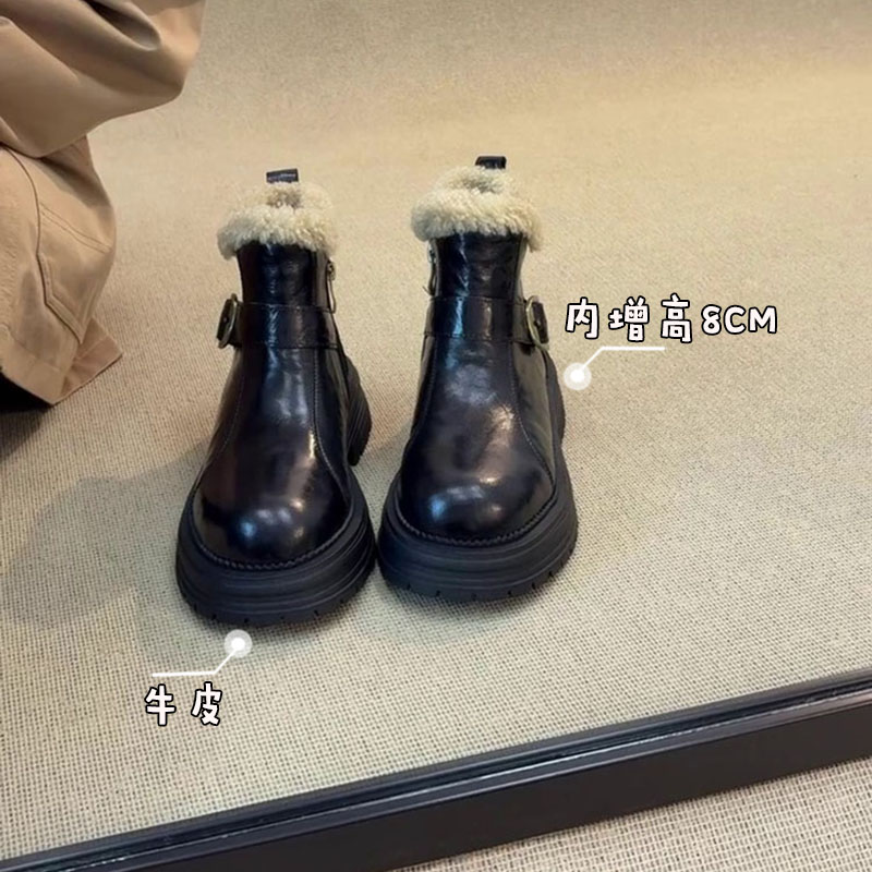 内增高8CM皮带扣厚底短靴女复古高级侧拉链保暖加绒机车靴短筒靴主图