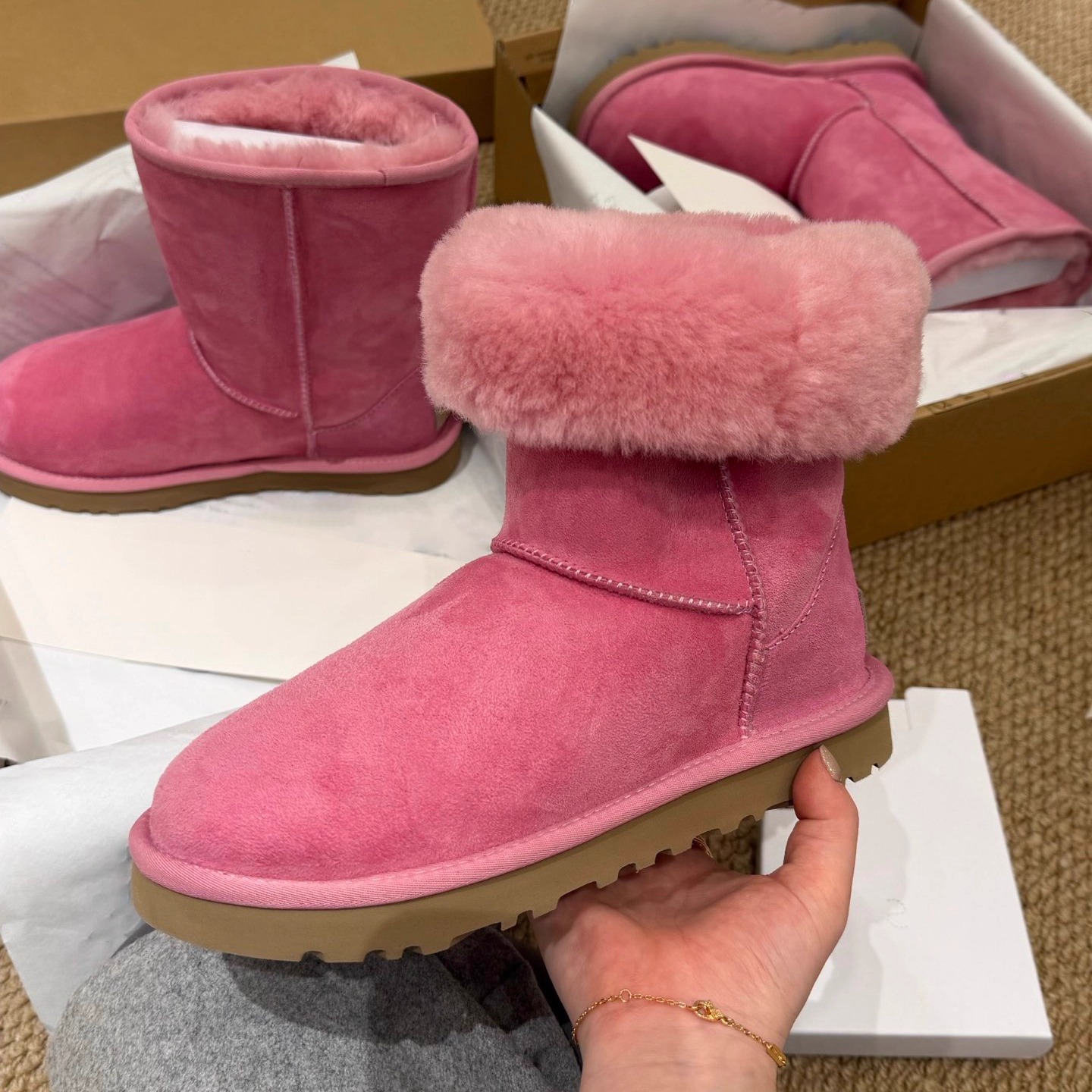 羊皮毛一体雪地靴2025新家复古风圆头套筒粉红色雪地棉加绒中筒靴主图