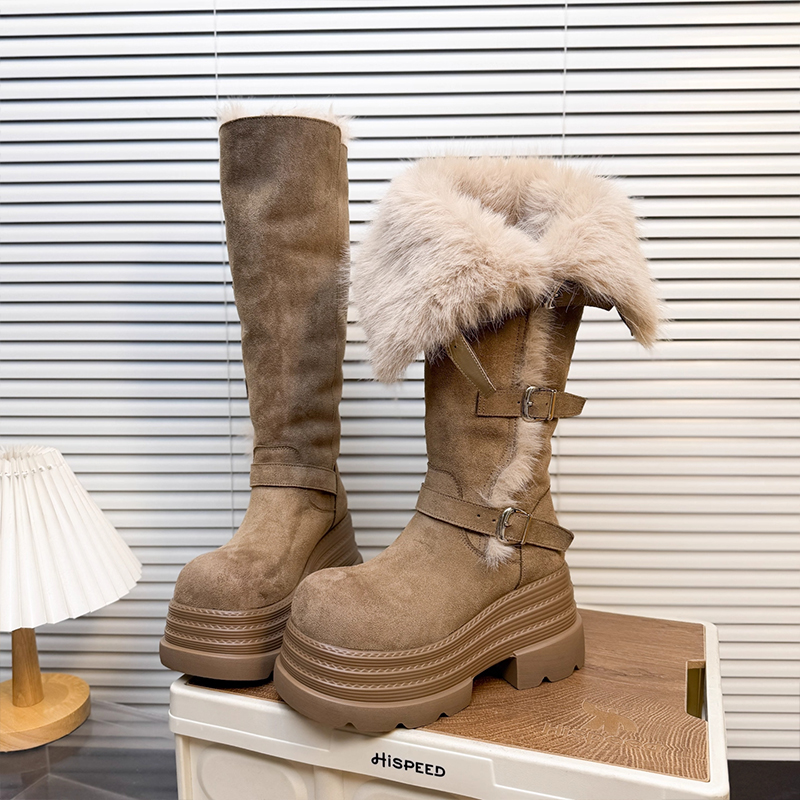 厚底毛绒长筒靴女款2025冬季新款加绒保暖卡其色骑士靴增高时装靴主图