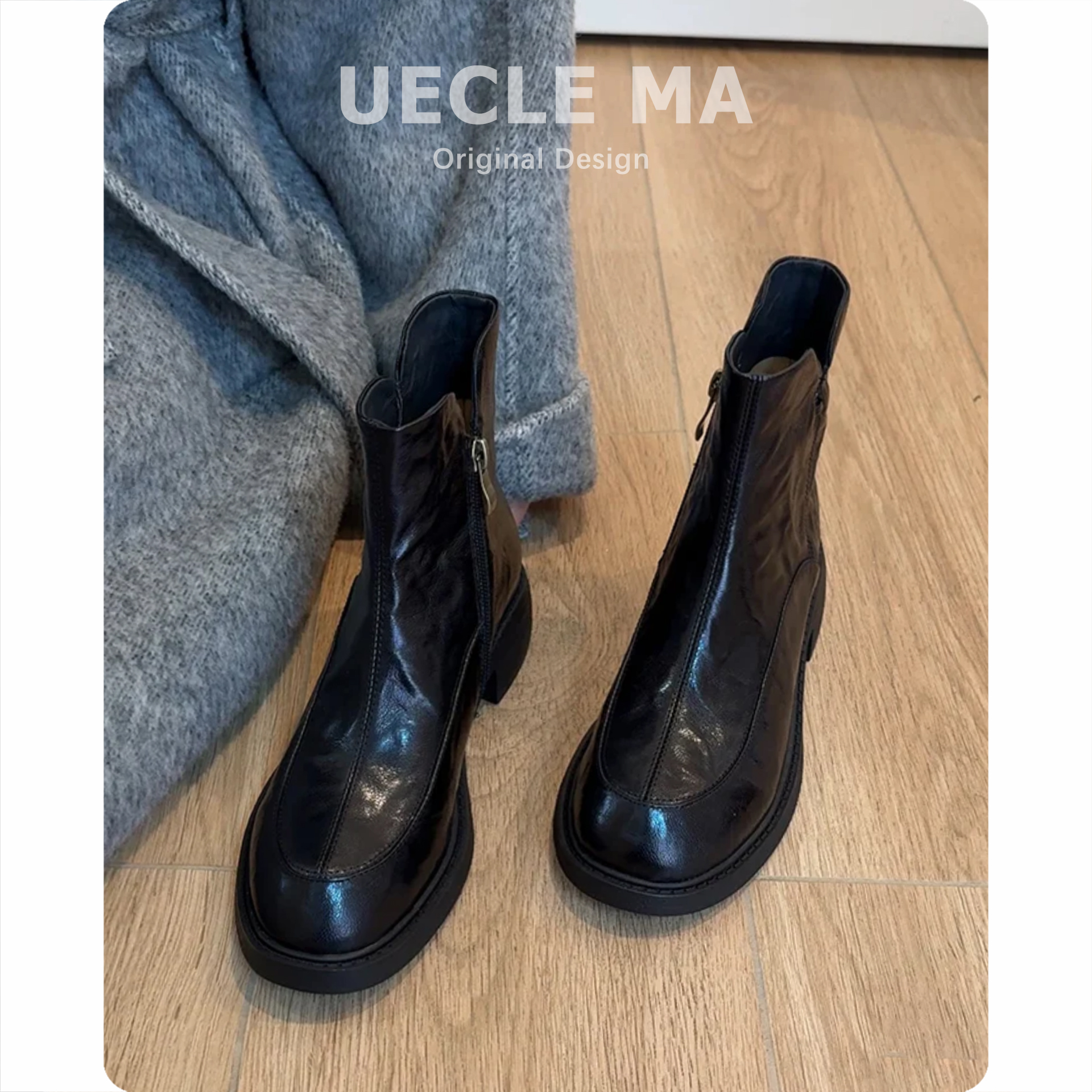 水洗牛皮~真皮厚底短靴女2025新款秋冬黑色马丁靴子小个子瘦瘦靴主图