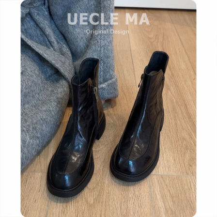 水洗牛皮~真皮厚底短靴女2025新款秋冬黑色马丁靴子小个子瘦瘦靴