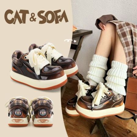 【UFO系列】猫与沙发/格纹棕袋鼠鞋Q版丑萌大头鞋厚底情侣低帮板鞋