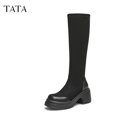 TATA他她显瘦粗跟长筒靴女靴气质瘦瘦靴弹力靴冬新款WEC02DG4