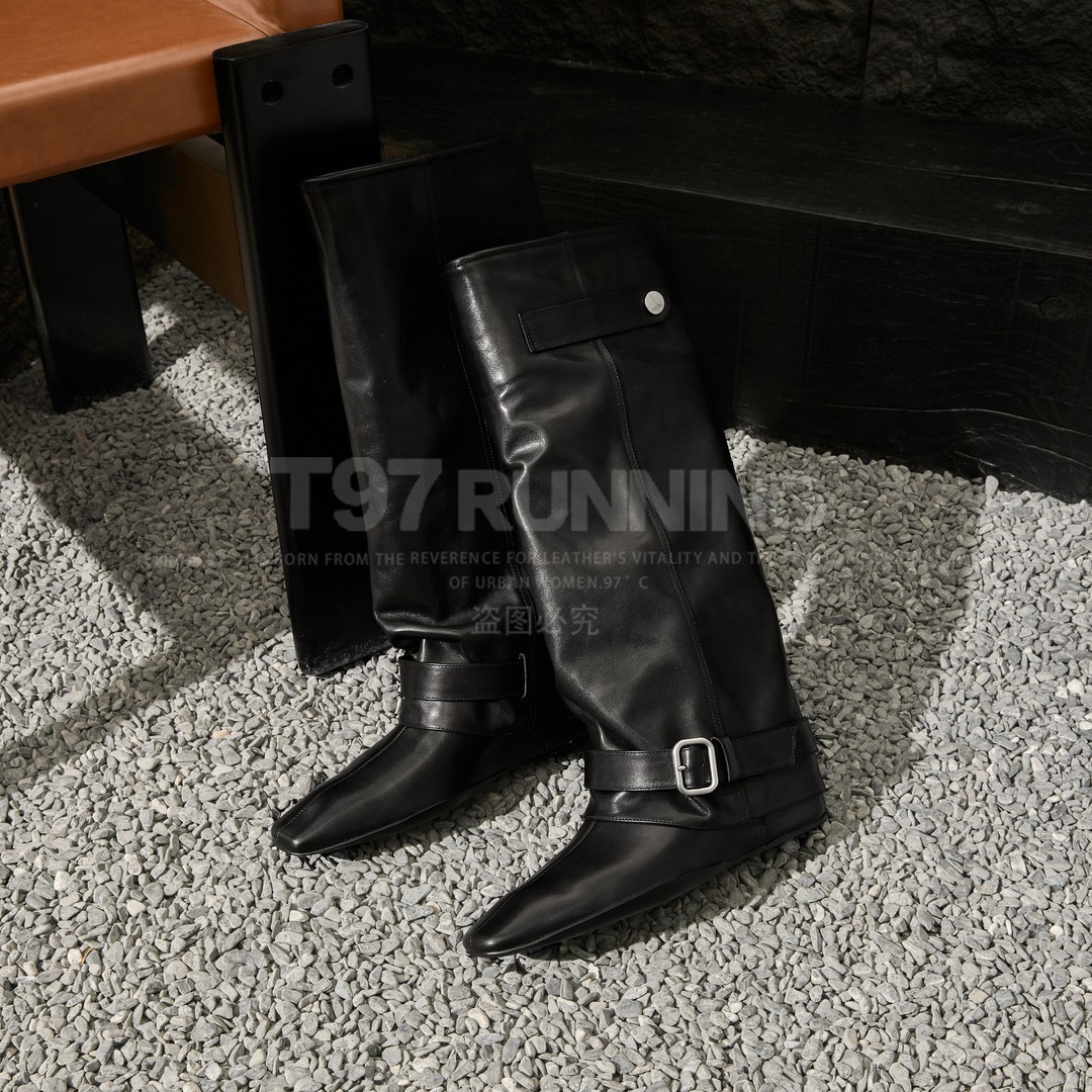 2025秋冬新款欧洲站时尚边扣英伦风一脚蹬潮流堆堆高靴X0560主图
