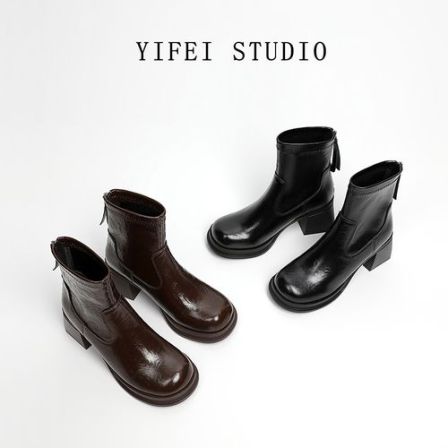 【跟高7CM】粗跟高跟鞋2025新款冬季后拉链靴子加绒厚底洋气短靴女