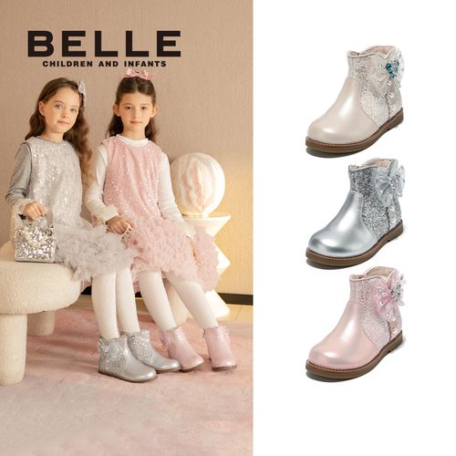 百丽秋冬新款童鞋女童公主靴加绒短靴小女孩水晶靴儿童皮靴RK0433主图