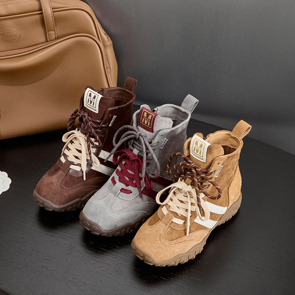 真皮~6CM内增高女鞋高筒德训鞋秋冬复古厚底短靴休闲增高鞋马丁靴主图