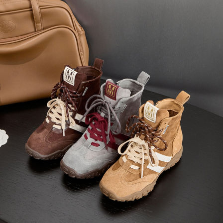 真皮~6CM内增高女鞋高筒德训鞋秋冬复古厚底短靴休闲增高鞋马丁靴