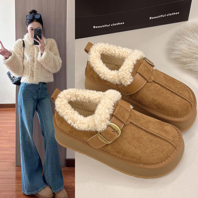 厚底加绒毛毛勃肯鞋女冬季2025新款懒人一脚蹬乐福棉鞋保暖雪地靴主图