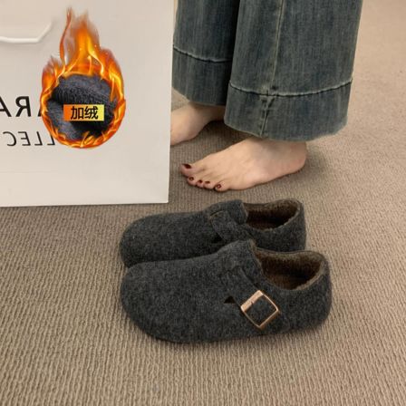 复古毛毡灰色加绒勃肯鞋女2025新款冬季一脚蹬保暖棉鞋毛呢乐福鞋