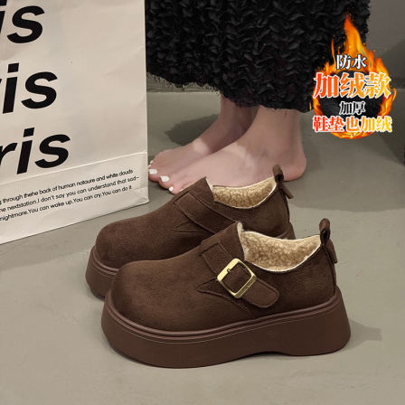 厚底增高勃肯鞋女士乐福鞋2025冬新款加绒加厚保暖一脚蹬松糕棉鞋