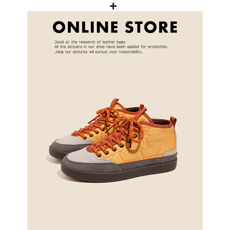 真皮~中高帮橙色拼接帆布鞋女2025秋冬新款低跟休闲鞋户外徒步鞋主图