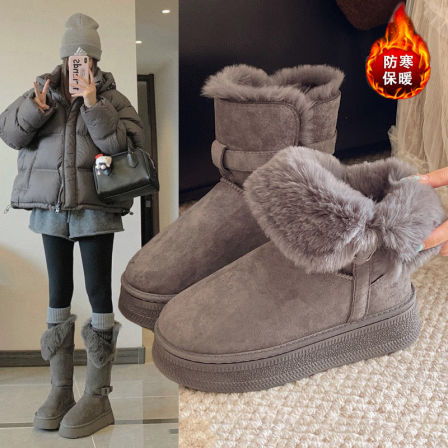 厚底中筒雪地靴女冬2025新款加绒加厚短靴皮毛一体保暖东北大棉鞋