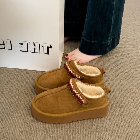 厚底一脚蹬半拖鞋女冬外穿2025新款加绒加厚保暖棉拖鞋雪地靴女款