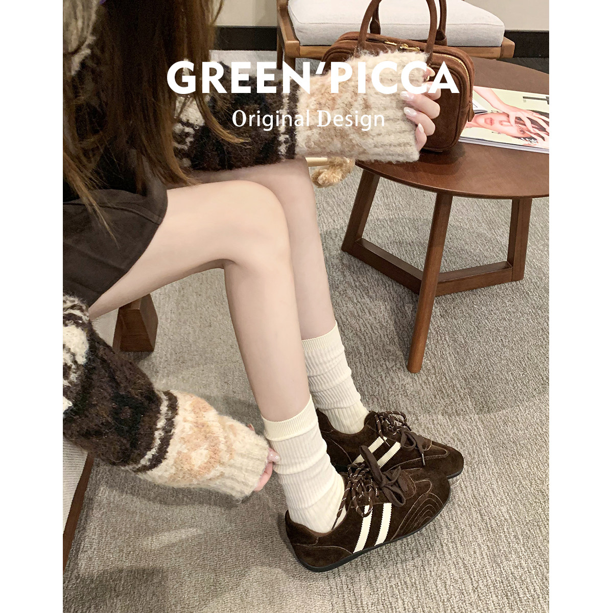 增高4CM~复古咖棕色芭蕾德训鞋女2025秋冬新款百搭加绒运动休闲鞋主图