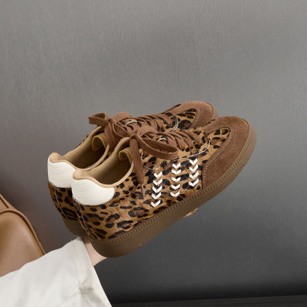 6CM内增高德训鞋女鞋秋冬美拉德复古真皮马毛豹纹厚底休闲阿甘鞋