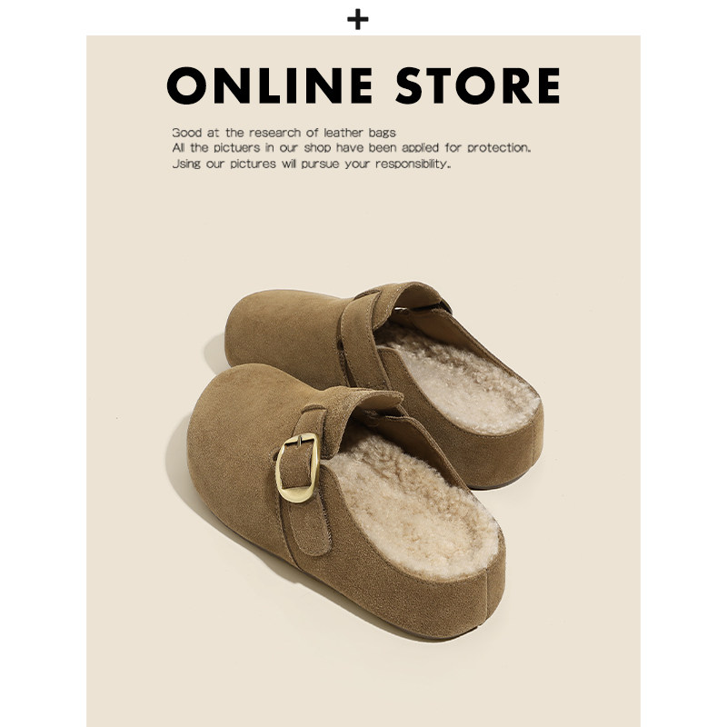 增高5CM~ 厚底牛反绒勃肯鞋女2025秋冬新款加绒毛毛鞋包头半拖鞋主图