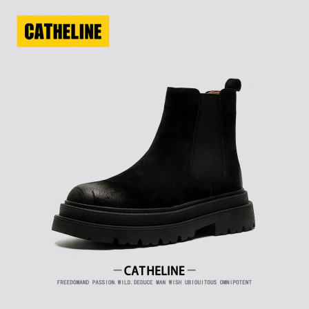 美国CATheline英伦切尔西靴男士冬季真皮加绒保暖一脚蹬马丁靴子