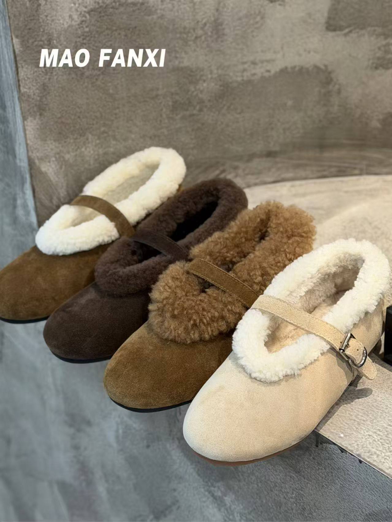 MFX 真皮加绒保暖雪地靴磨砂皮毛毛短靴厚毛浅口玛丽珍棉鞋69-009主图