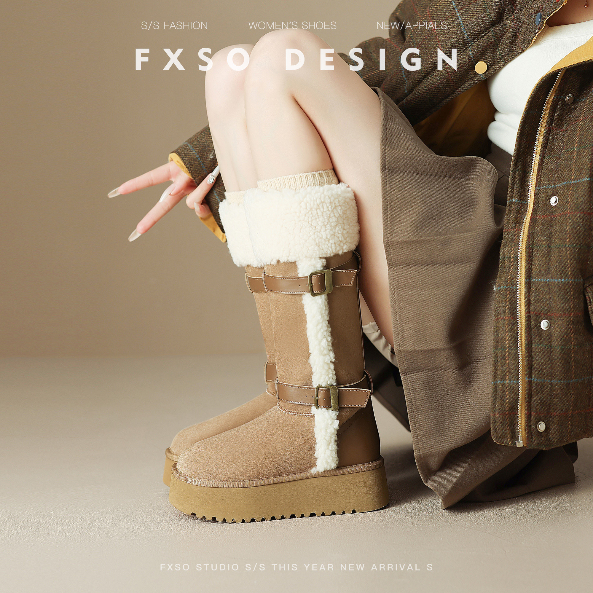 FXSO方巷2025冬季英伦风加绒保暖雪地靴女厚底皮带扣显瘦东北棉靴主图