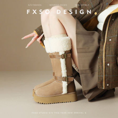 FXSO方巷2025冬季英伦风加绒保暖雪地靴女厚底皮带扣显瘦东北棉靴